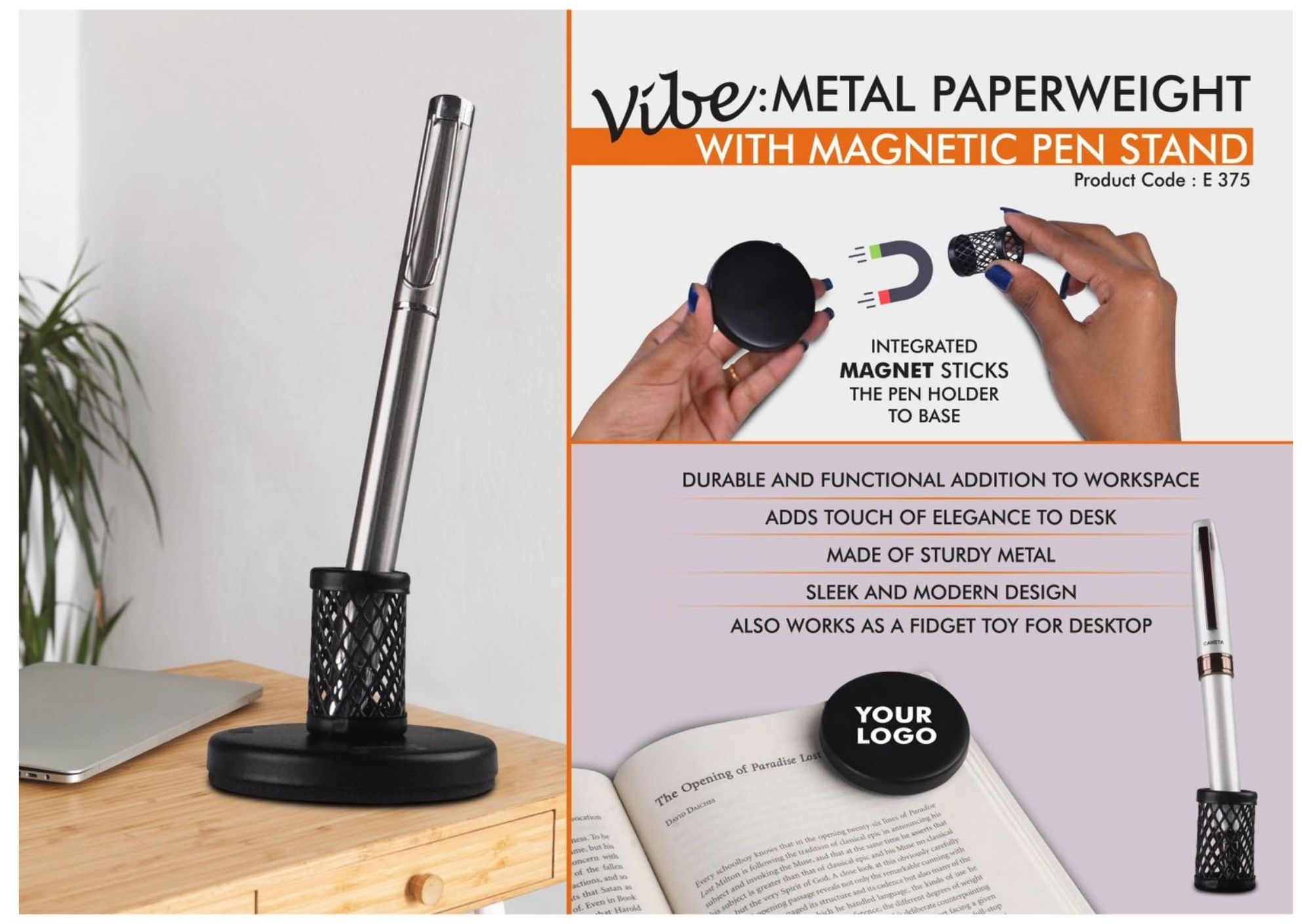 Metal Paperweight with Magnetic Pen Stand