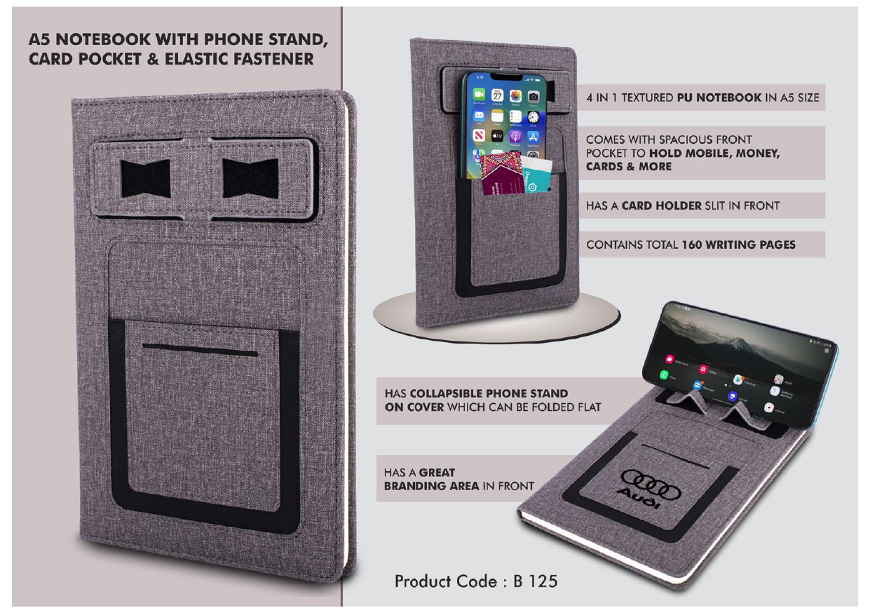 A5 Notebook with Phone Stand, Card Pocket & Elastic Fastener