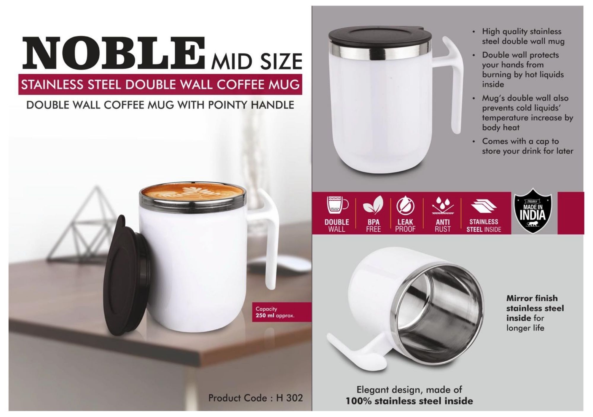 Noble Mid Size Stainless Steel Double Wall Coffee Mug