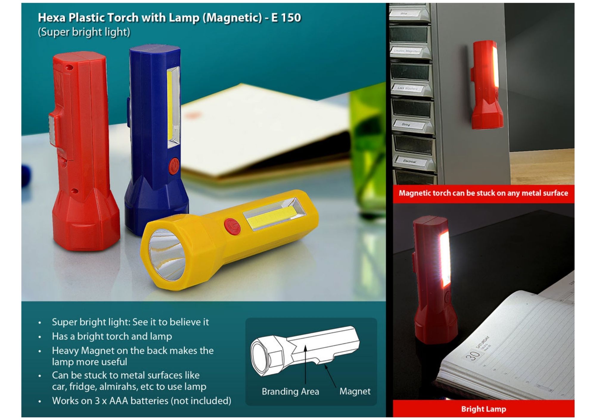 Hexa Plastic Torch with Lamp (Magnetic)