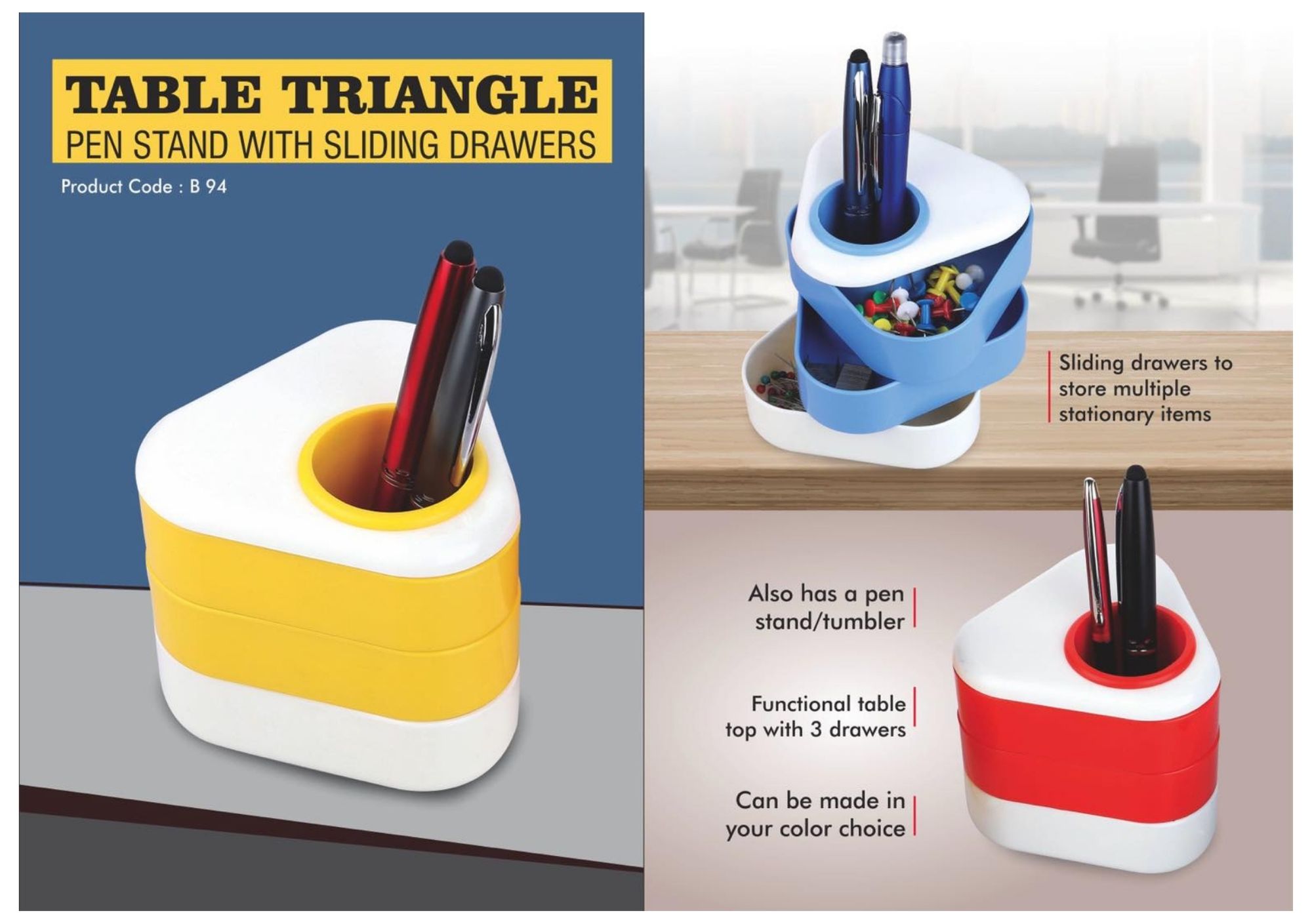 Table Triangle Pen Stand with Sliding Drawers