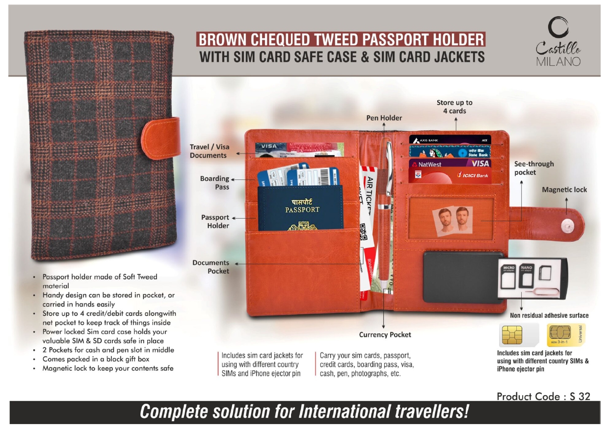 Brown Chequed Tweed Passport Holder