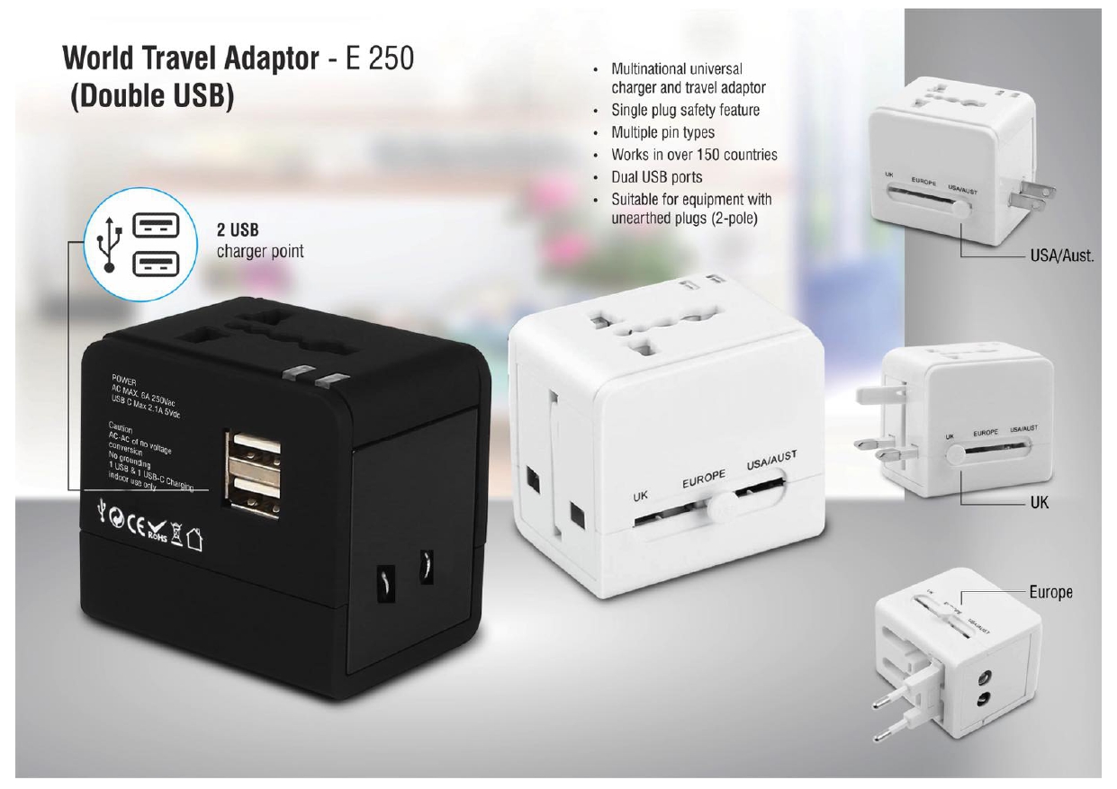 World Travel Adaptor - E 250 (Double USB)