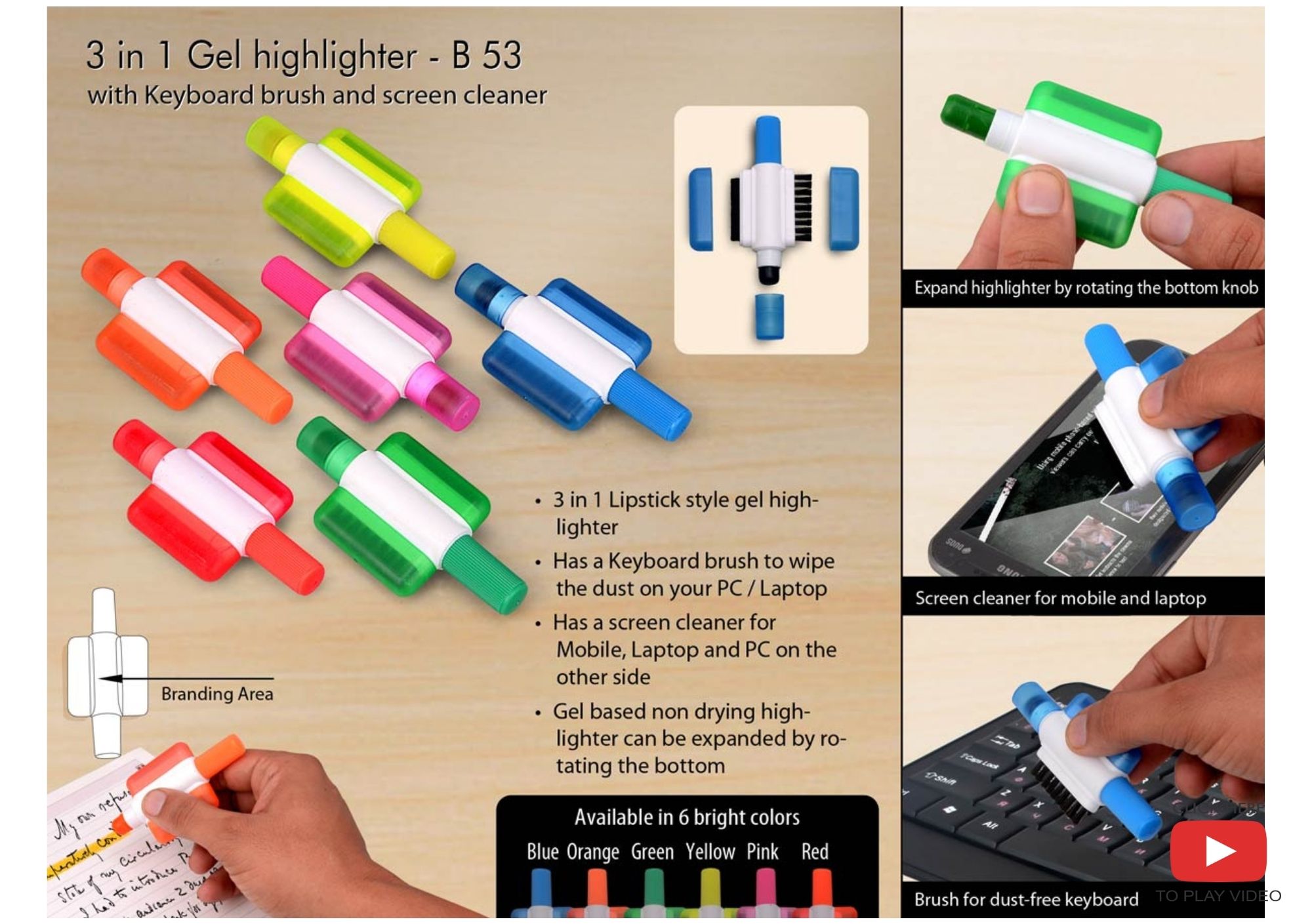 3-in-1 Gel Highlighter with Keyboard Brush and Screen Cleaner