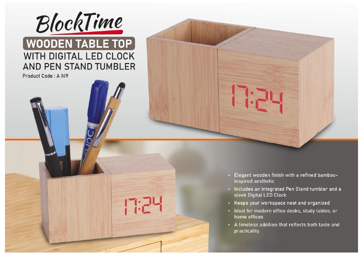 Wooden Table Top with Digital LED Clock and Pen Stand Tumbler