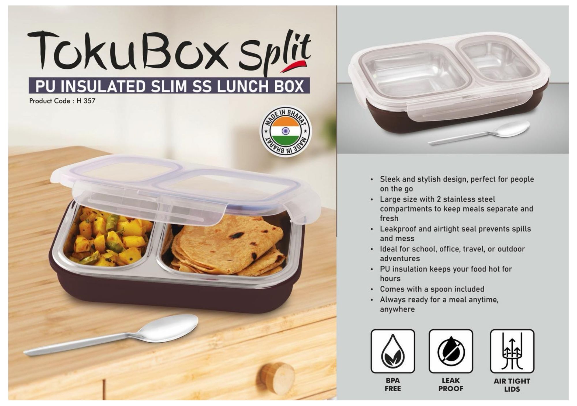 TokuBox Split PU Insulated Slim SS Lunch Box