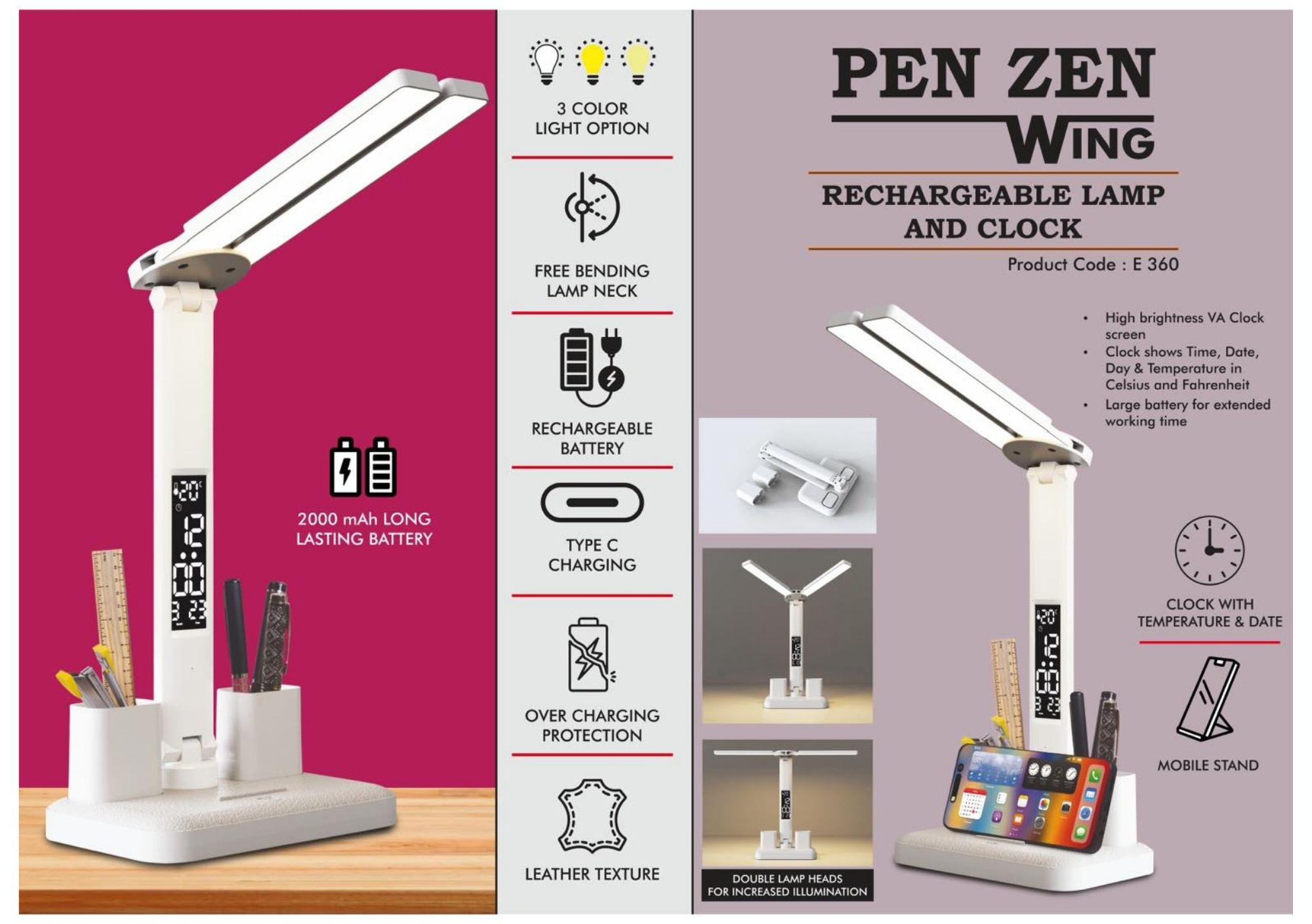 Pen Zen Wing Rechargeable Lamp and Clock