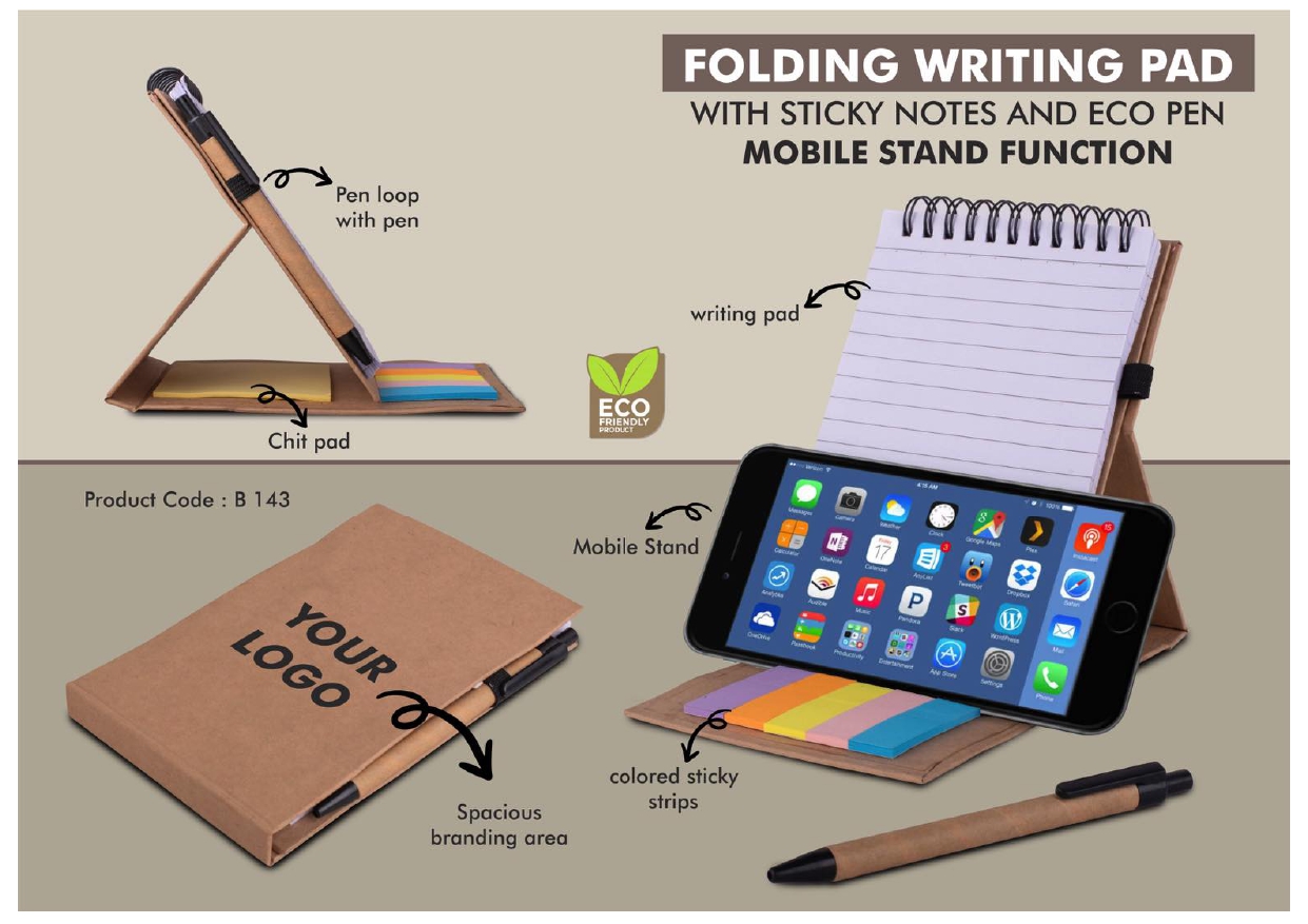Folding Writing Pad with Sticky Notes and Eco Pen