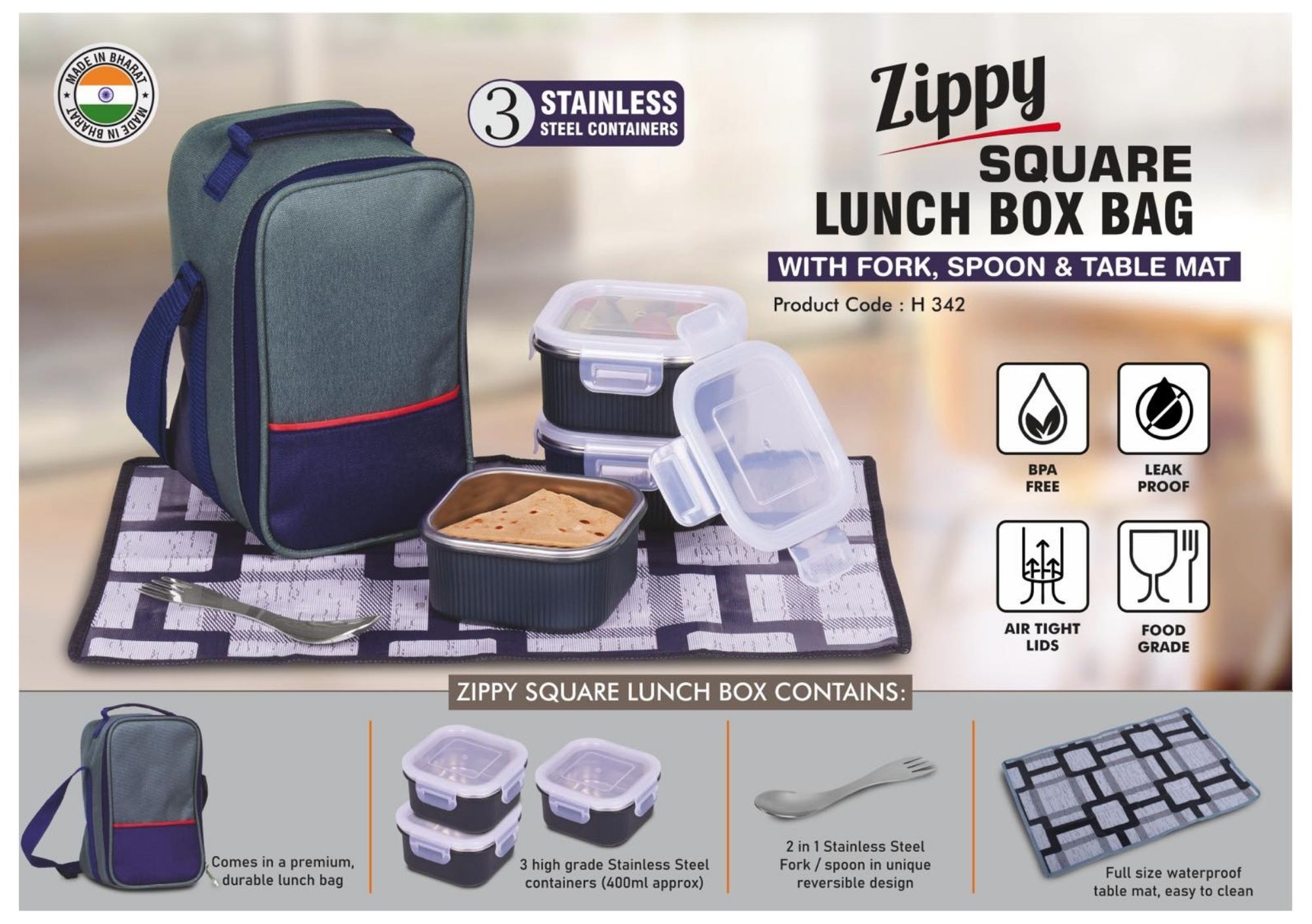 Zippy Square Lunch Box Bag
