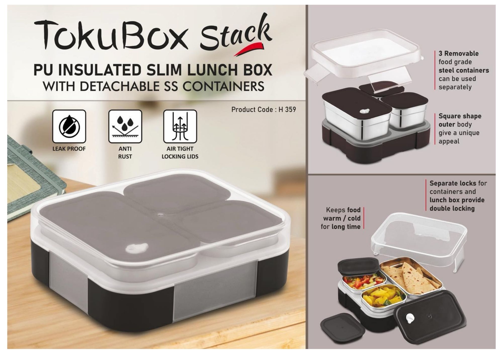 TokuBox Stack PU Insulated Slim Lunch Box