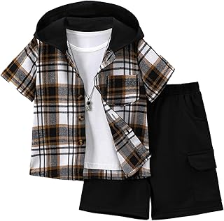 Kids' Plaid Hooded Shirt and Shorts Set