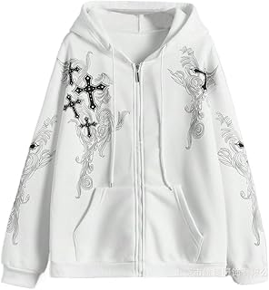 White Zip-Up Hoodie with Black Embroidered Patterns