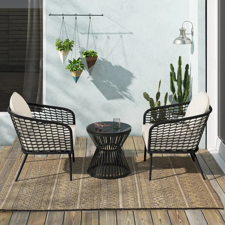 MyGreenearth Outdoor Patio Seating Set 2 Chairs 1 Table Black White Braided Rope