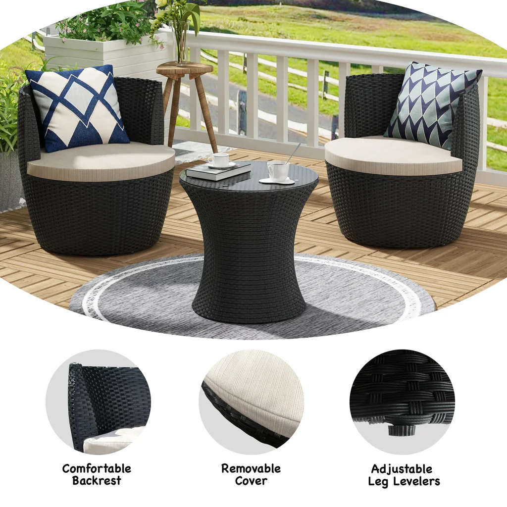 MyGreenearth Outdoor Patio Seating Set 2 Chairs and 1 Table Set Black