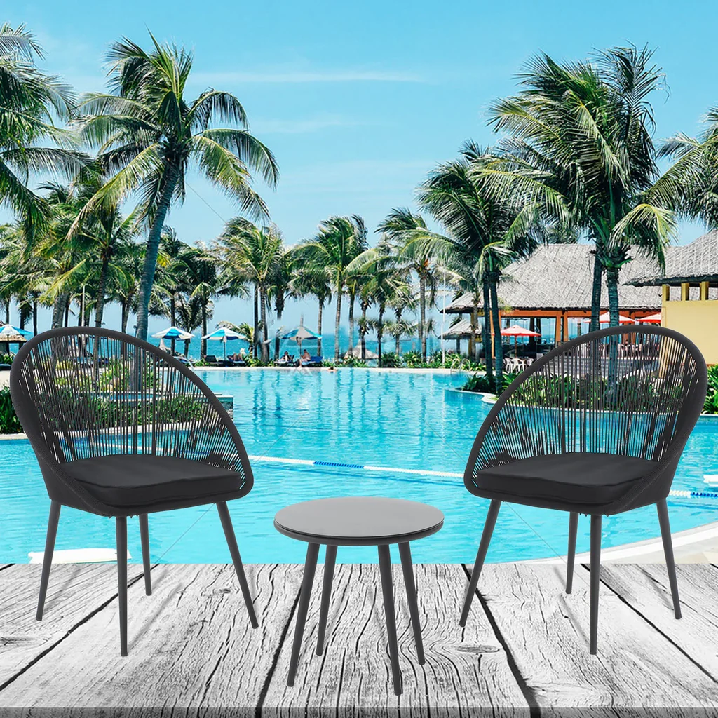 MyGreenearth Outdoor Patio Seating Set 2 Chairs and 1 Table Set (Black) Braided & Rope