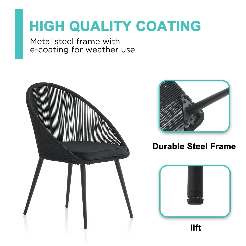 MyGreenearth Outdoor Patio Seating Set 2 Chairs and 1 Table Set (Black) Braided & Rope