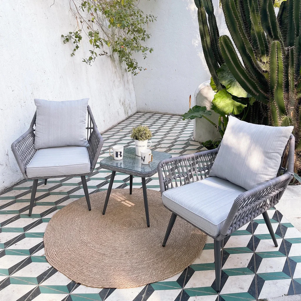 MyGreenearth Outdoor Patio Seating Set 2 Chairs and 1 Table Set (Grey) Braided & Rope
