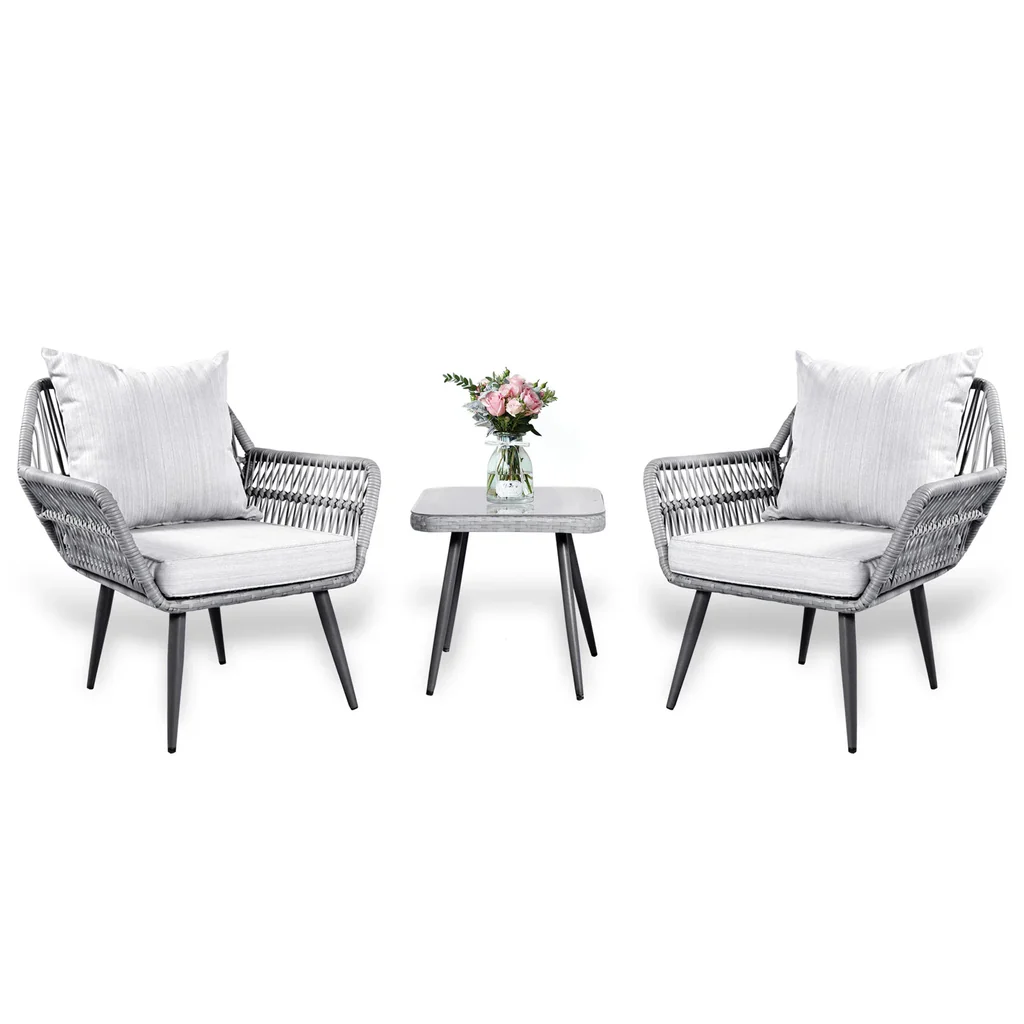 MyGreenearth Outdoor Patio Seating Set 2 Chairs and 1 Table Set (Grey) Braided & Rope