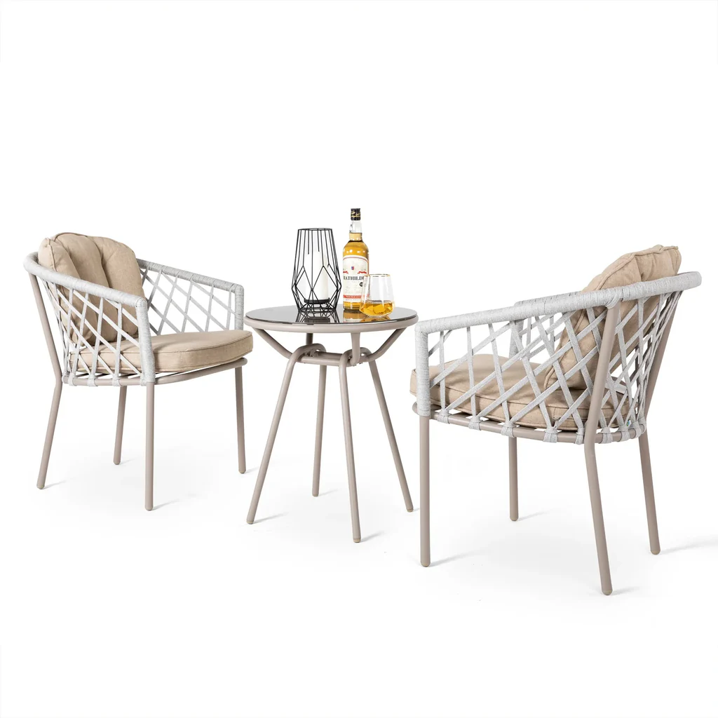 MyGreenearth Outdoor Patio Seating Set 2 Chairs and 1 Table Set (Silver + Beige) Braided & Rope