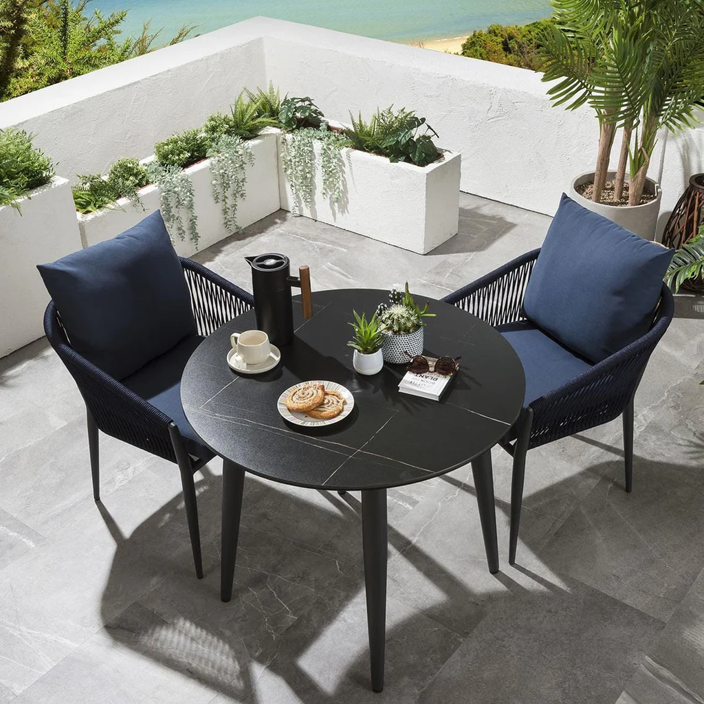 MyGreenearth Outdoor Patio Seating Set 2 Chairs and 1 Table Set (Black+Blue) Braided & Rope