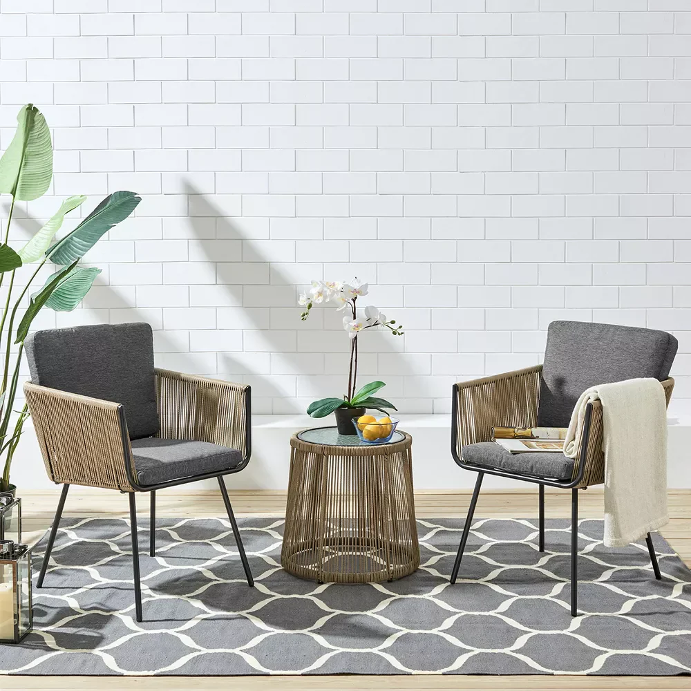 MyGreenearth Outdoor Patio Seating Set 2 Chairs and 1 Table Set (GREY+BROWN) Braided & Rope