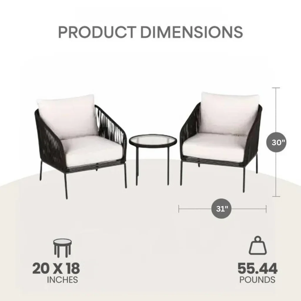 MyGreenearth Outdoor Patio Seating Set 2 Chairs and 1 Table Set (Black) Braided And Rope