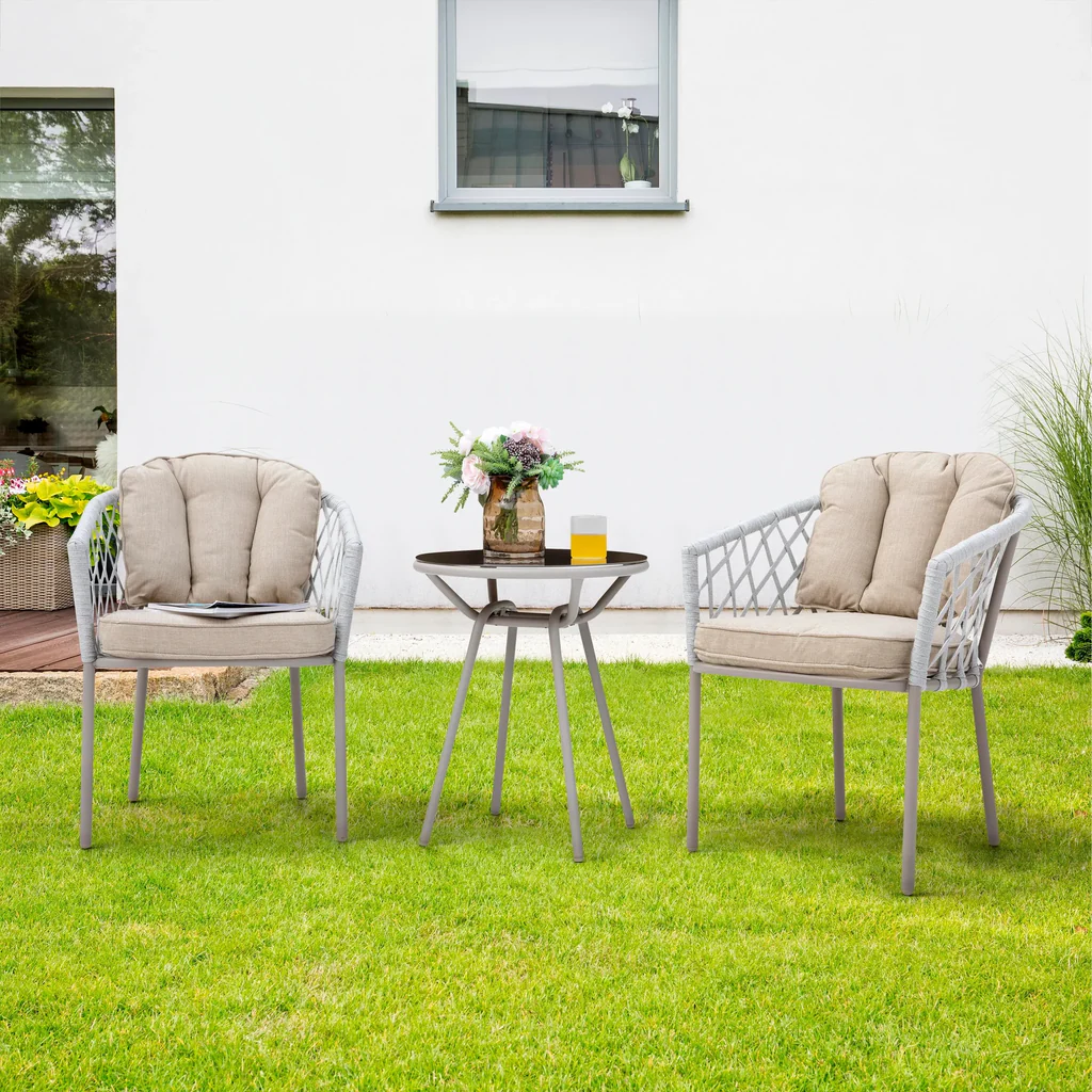 MyGreenearth Outdoor Patio Seating Set 2 Chairs and 1 Table Set (Silver + Beige) Braided & Rope
