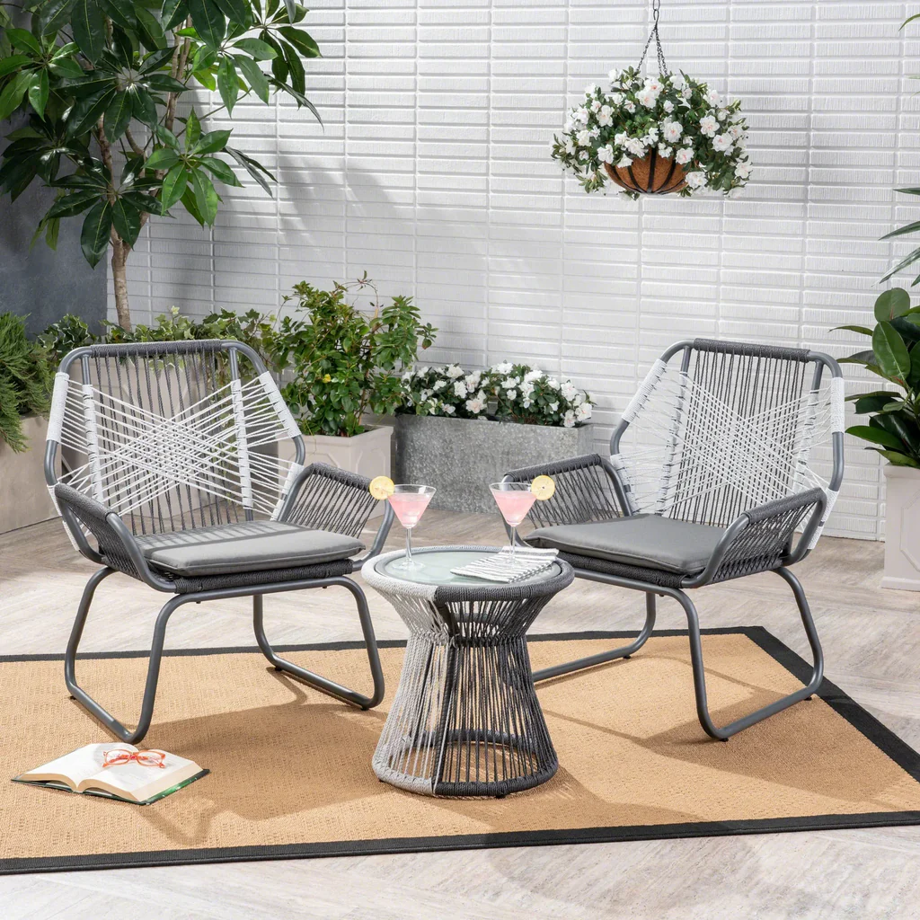 MyGreenearth Outdoor Patio Seating Set 2 Chairs and 1 Table Set (White + Dark Grey)