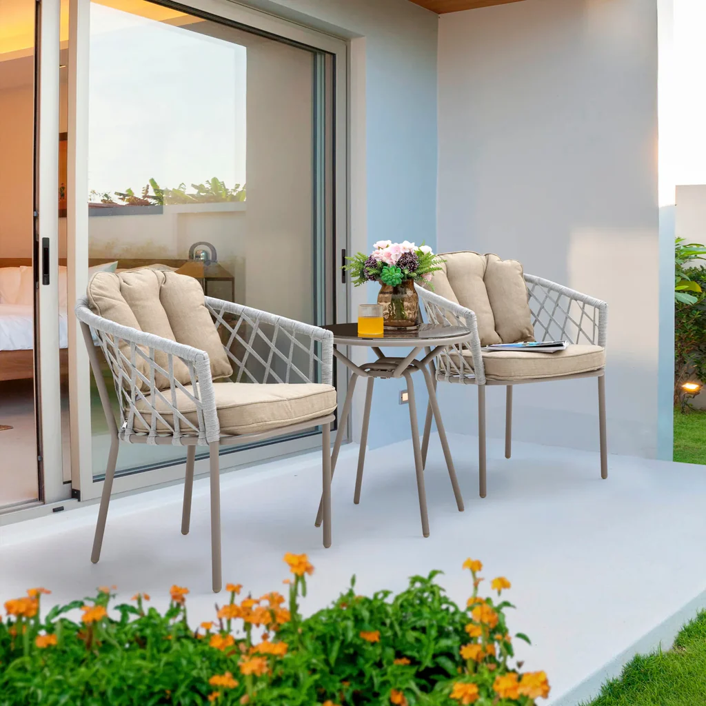 MyGreenearth Outdoor Patio Seating Set 2 Chairs and 1 Table Set (Silver + Beige) Braided & Rope