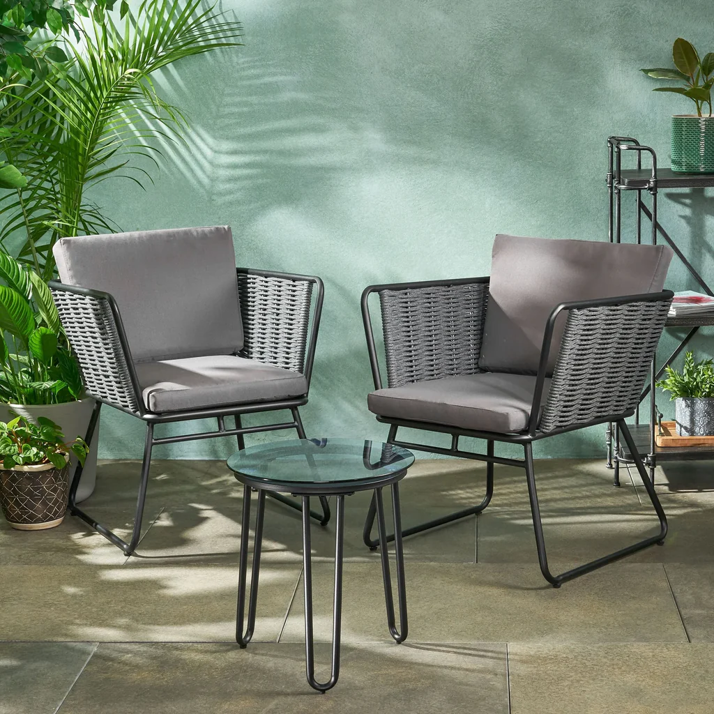 MyGreenearth Outdoor Patio Seating Set 2 Chairs and 1 Table Set (Grey) Braided & Rope