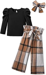 Girls' Black Top and Plaid Pants Set
