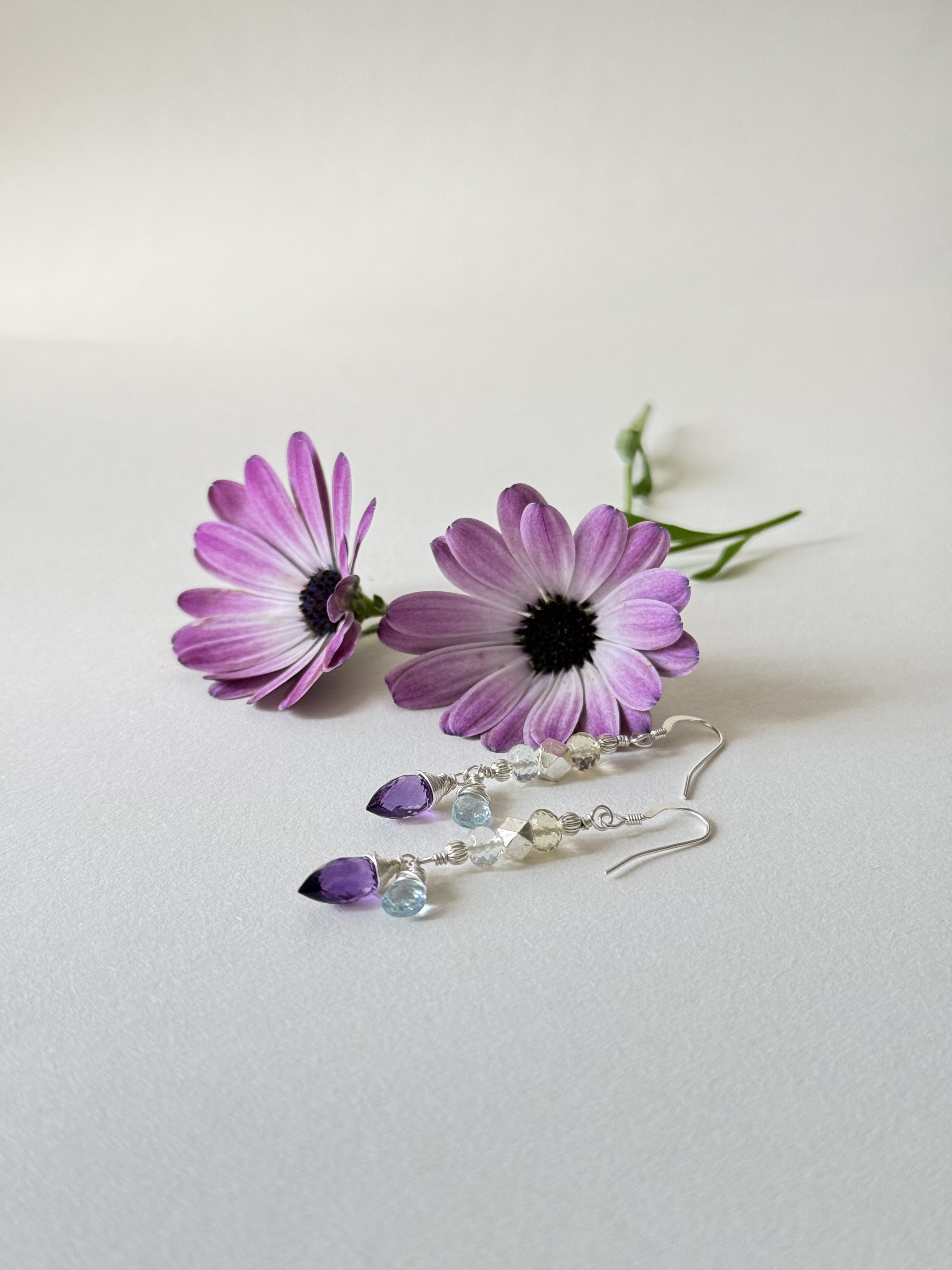 Amethyst and blue topaz drop earrings
