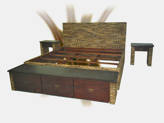 Woven Rattan Bed Frame with Side Tables