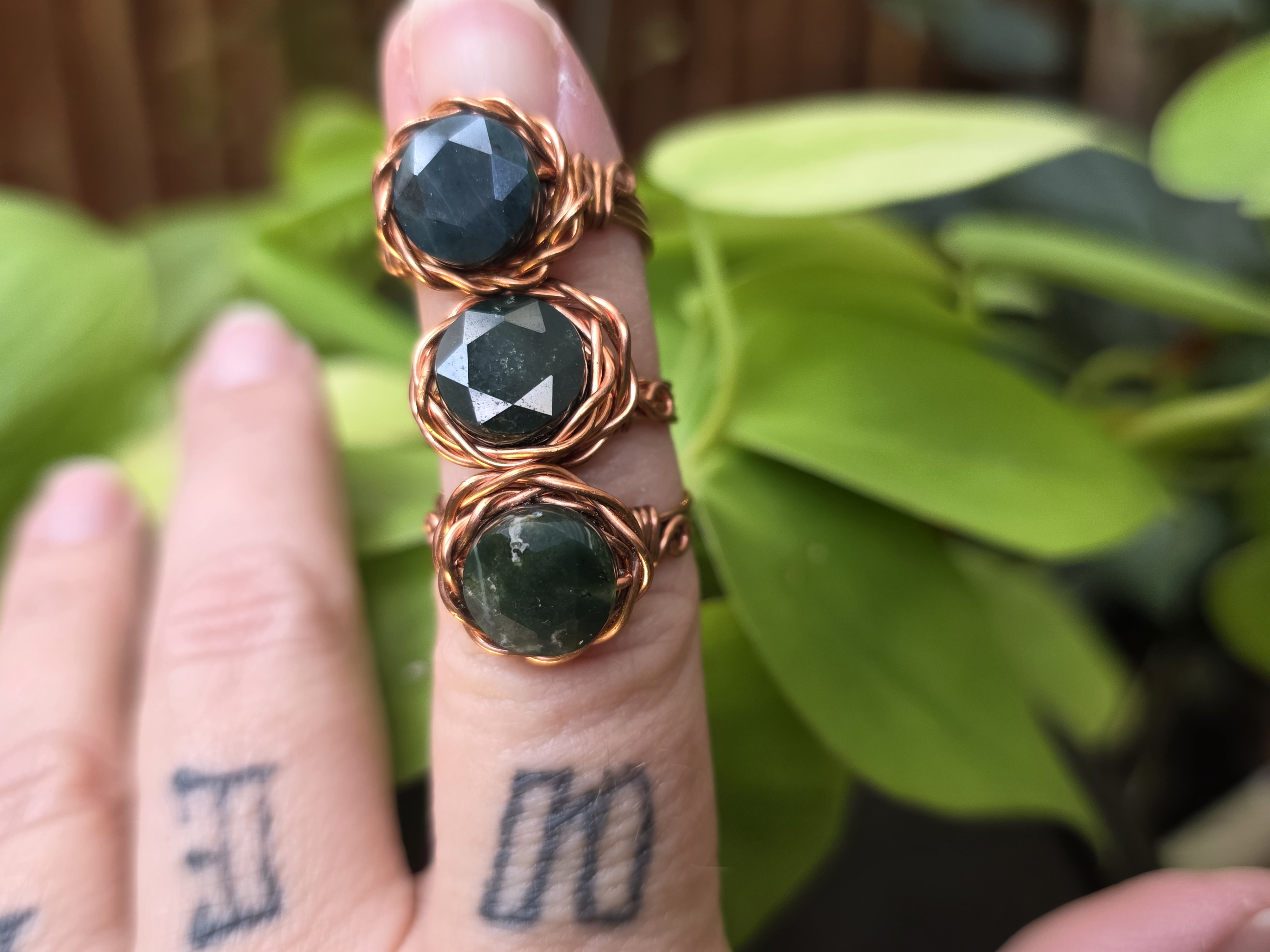 Handcrafted Moss Agate Copper Wire Rings (Patina Finish)
