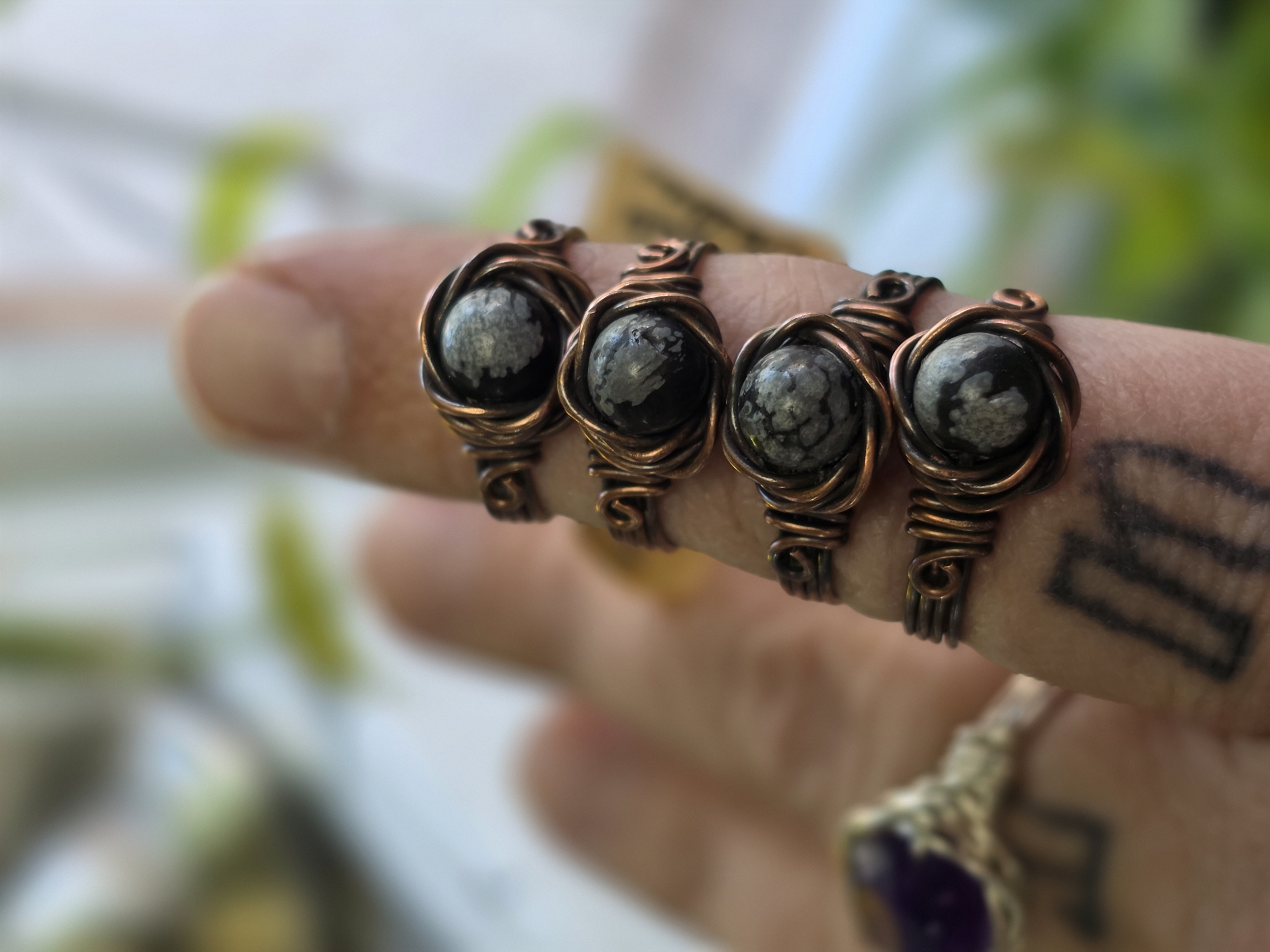Handcrafted Snowflake Obsidian Copper Wire Wrapped Rings