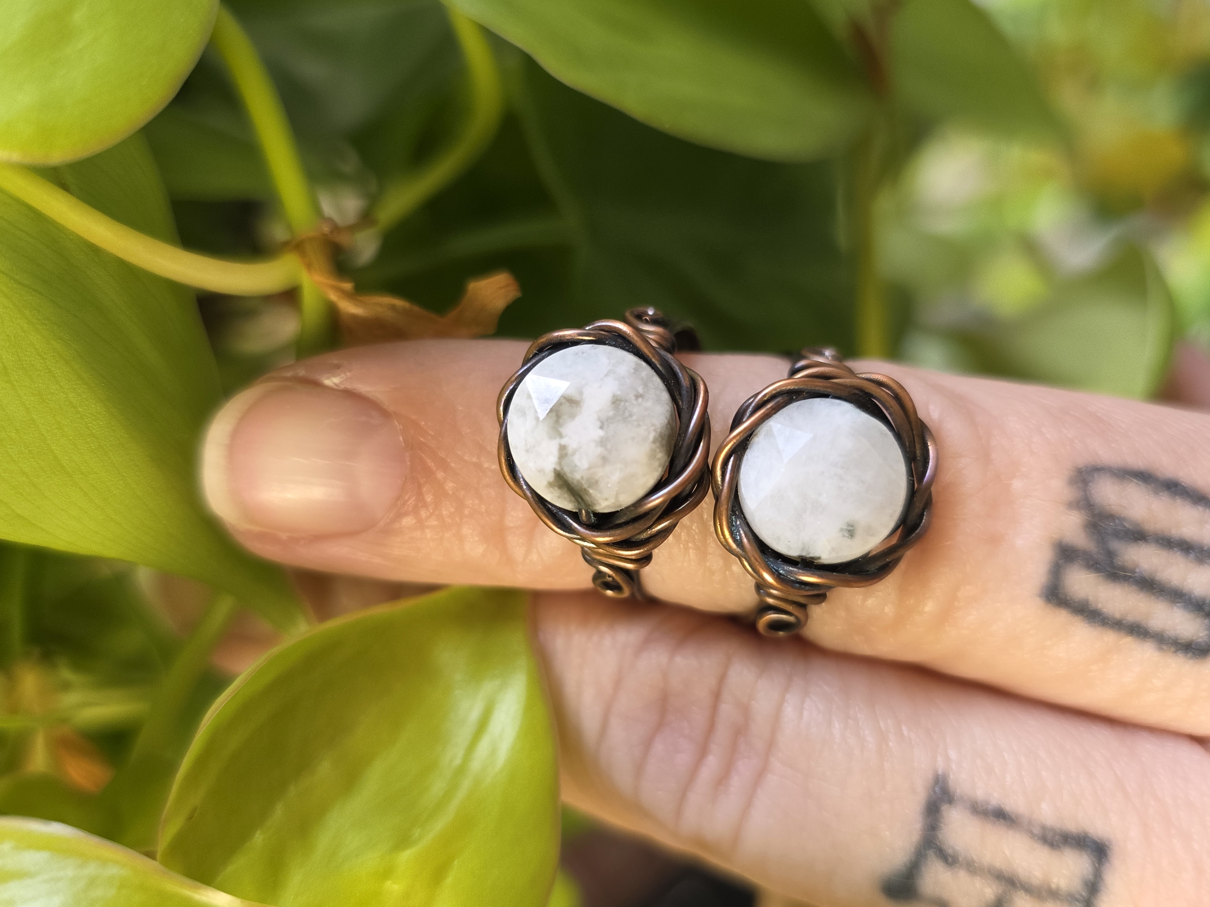 Handmade Moonstone Copper Wire Rings (patina finish)