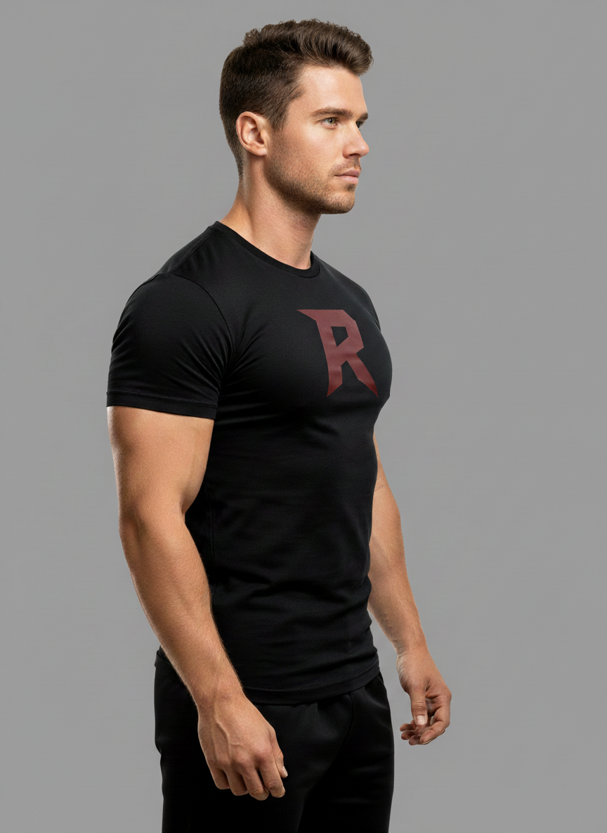 Camiseta Slim Preta Masculina RUSH – Logo R grande vermelho