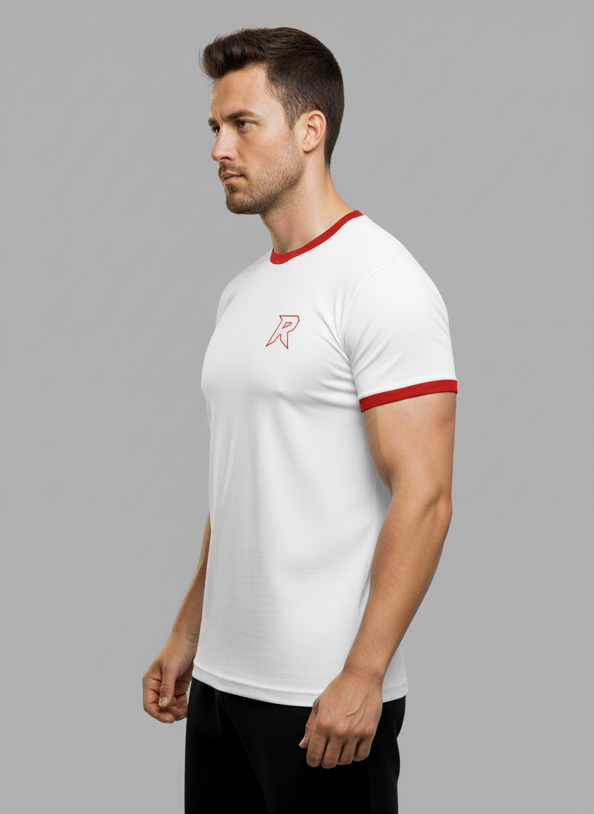 Camiseta branca masculina com detalhe vermelho