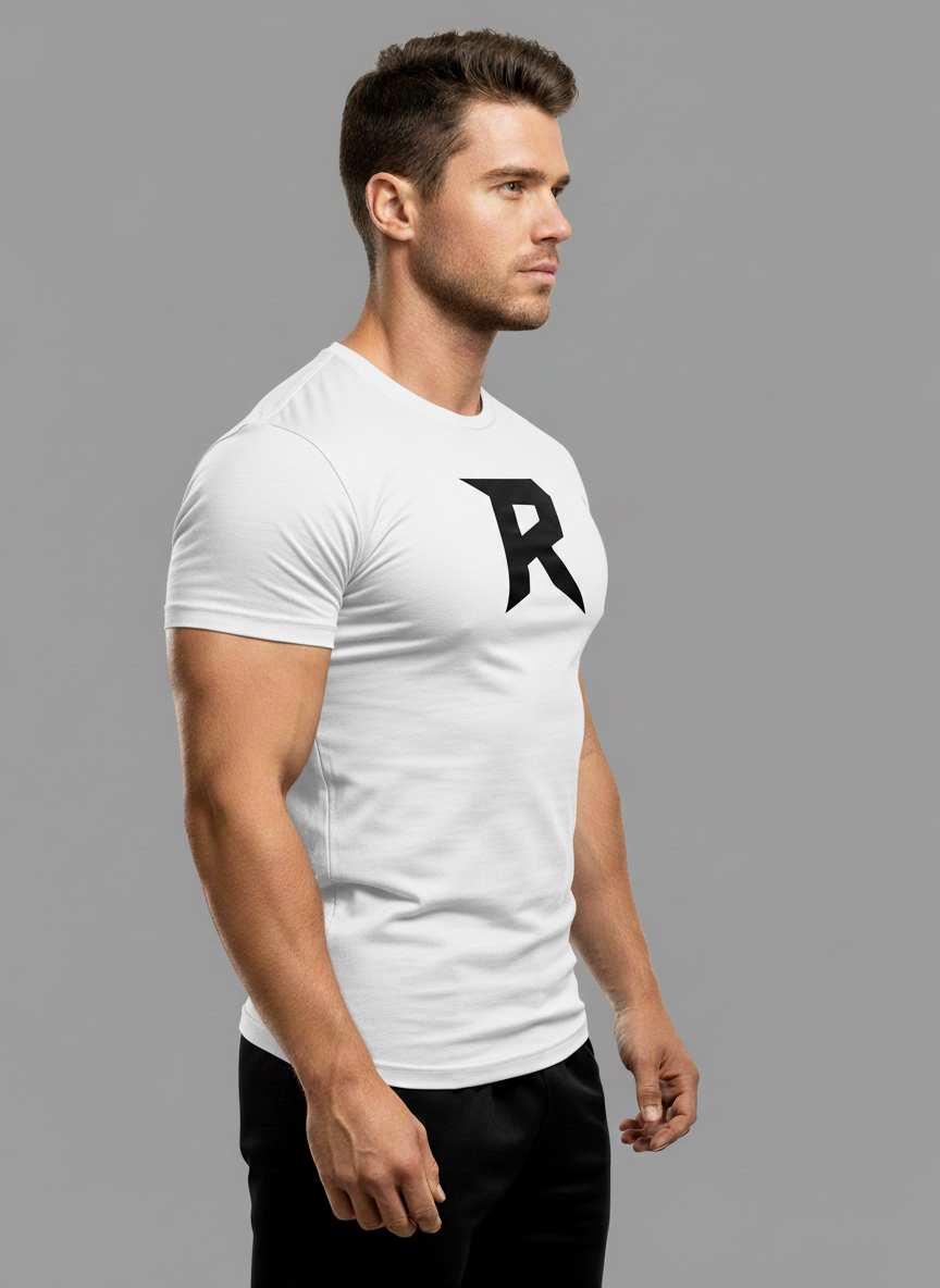 Camiseta Slim Branca Masculina RUSH – Logo R grande preto