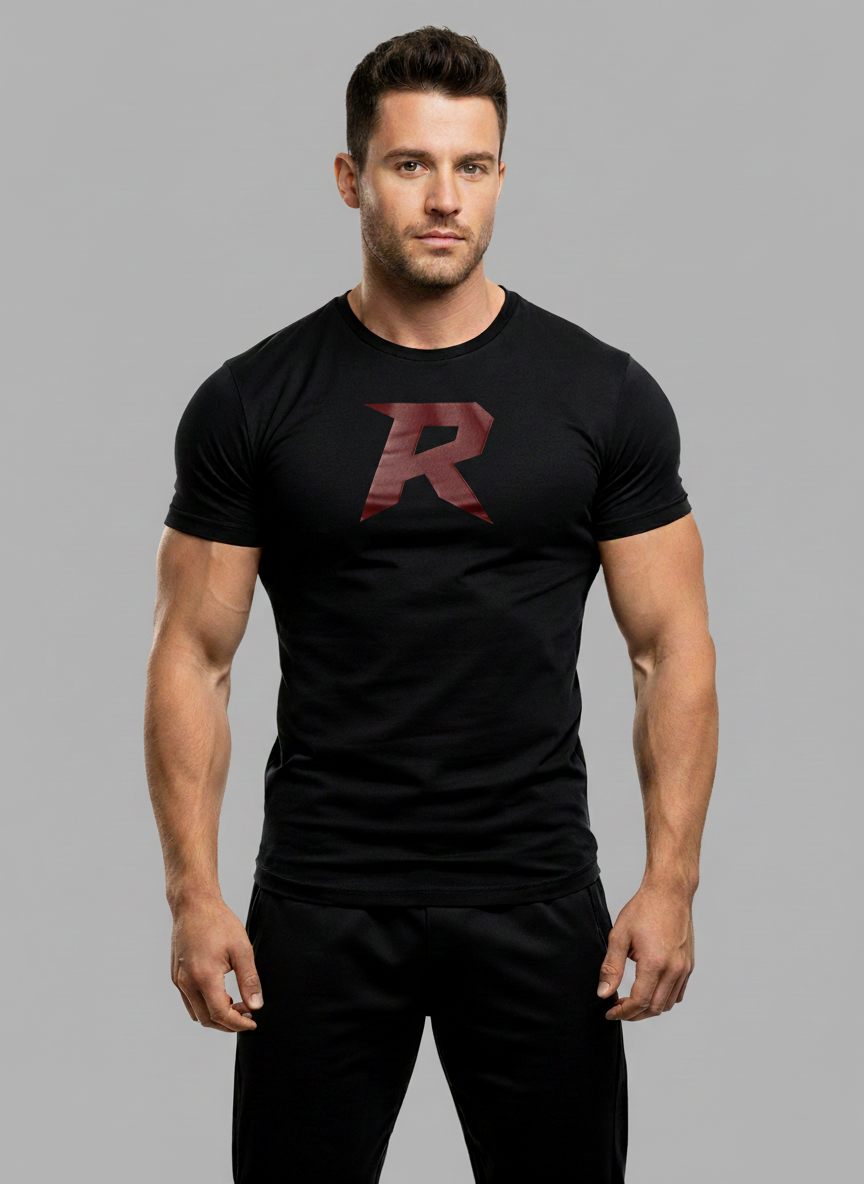 Camiseta Slim Preta Masculina RUSH – Logo R grande vermelho