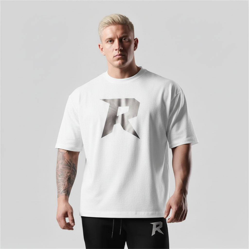 Camiseta Oversized Masculina branca  Logo R prata 