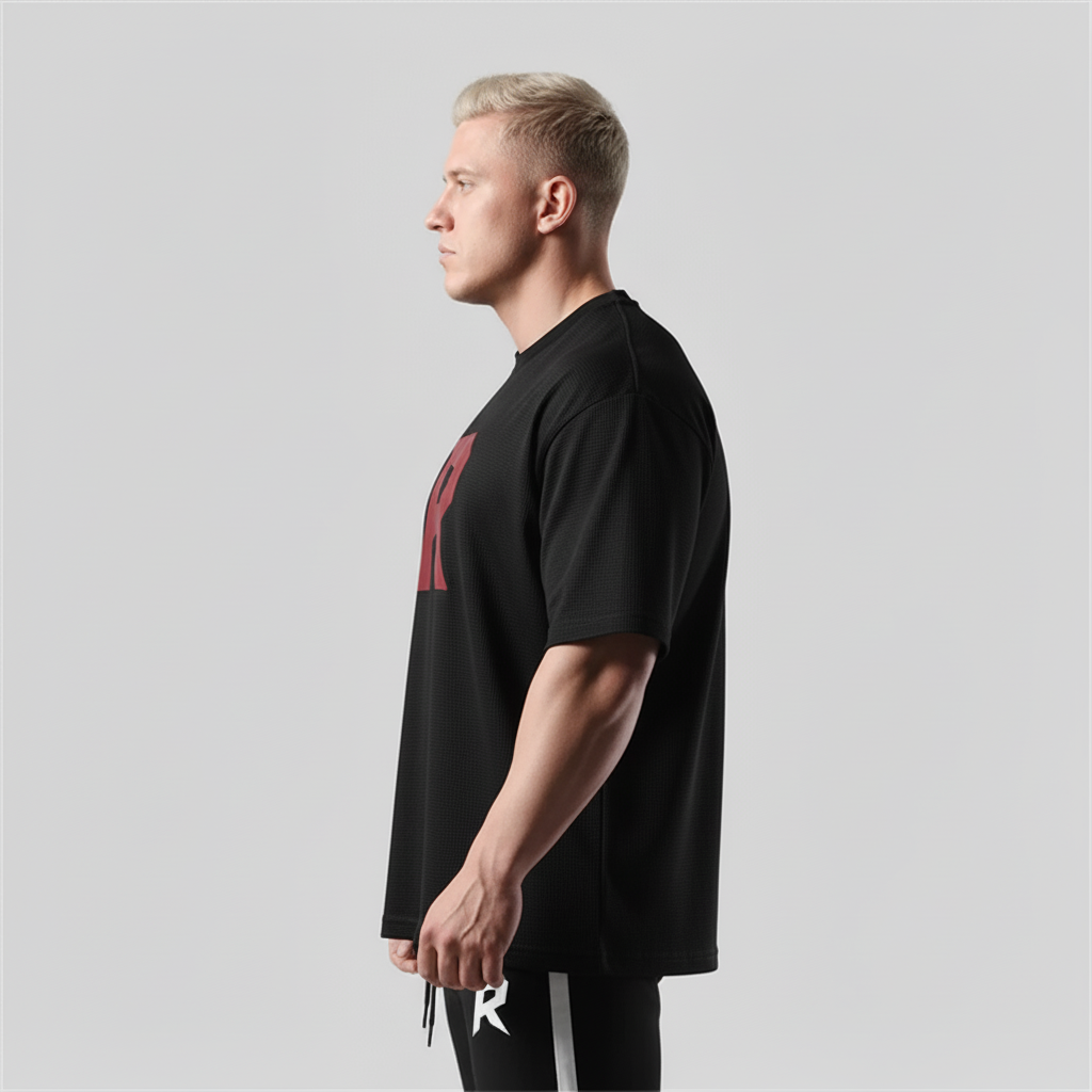Camiseta Oversized Masculina preta - Logo R vinho