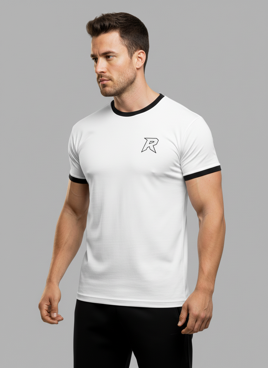 Camiseta branca masculina com detalhe preto