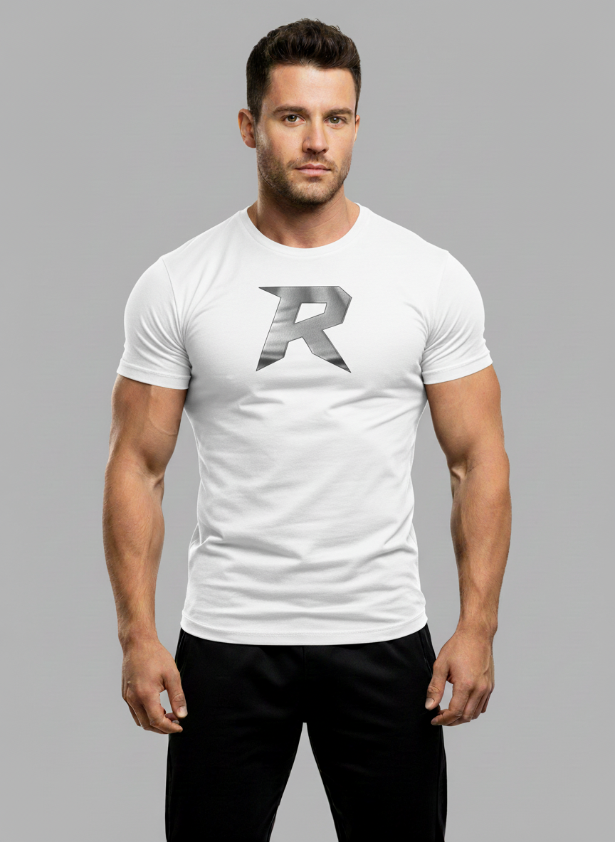Camiseta Slim Branca Masculina RUSH – Logo R grande prata