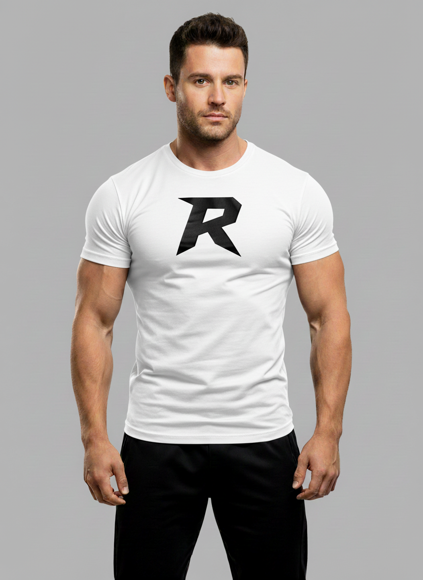 Camiseta Slim Branca Masculina RUSH – Logo R grande preto
