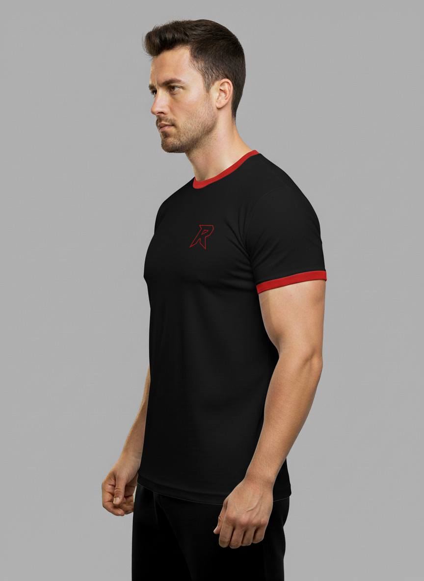 Camiseta preta masculina com detalhe vermelho