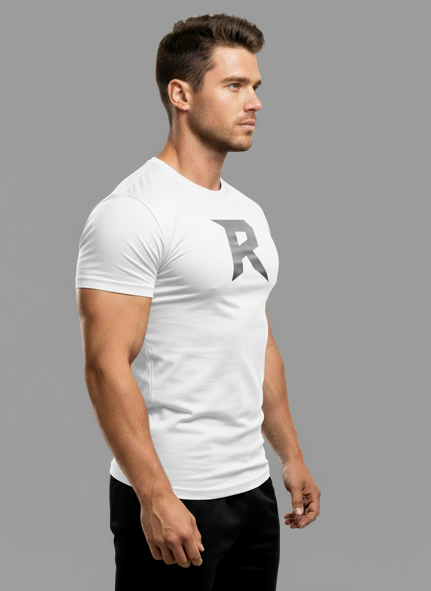 Camiseta Slim Branca Masculina RUSH – Logo R grande prata