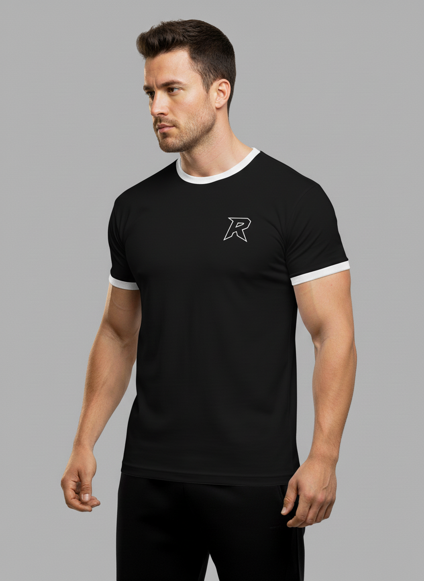Camiseta preta masculina com detalhe branco