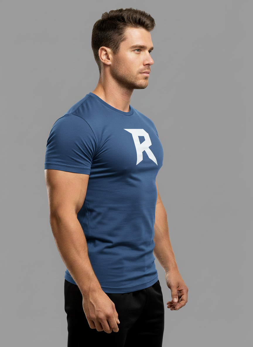 Camiseta Slim azul Masculina RUSH – Logo R grande Branco