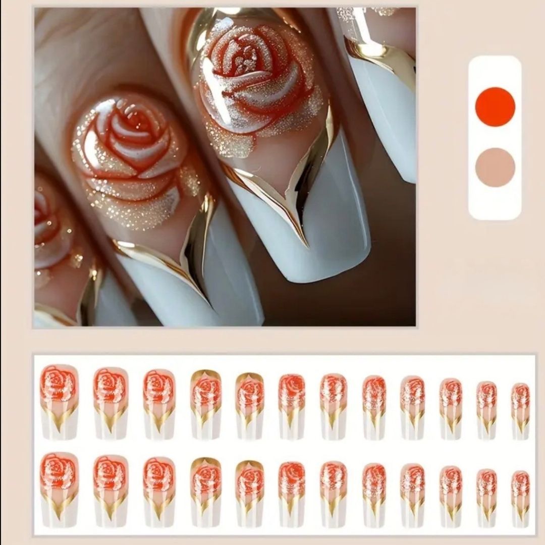 Rose Gold Floral Press-On Nails | 24 Piece Squoval Nail Set